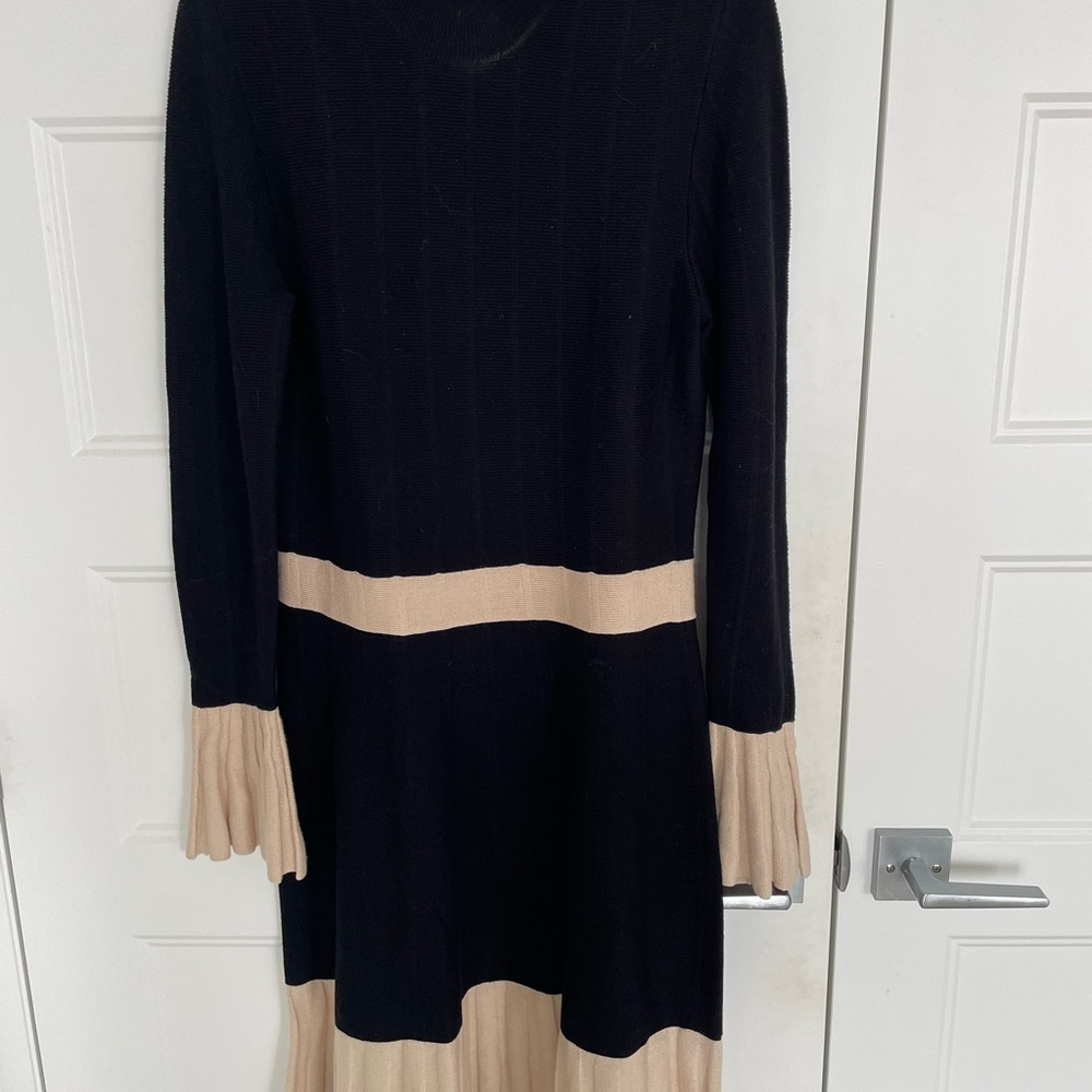 Black Knit Long-Sleeve Dress with Cream Contrast Bands